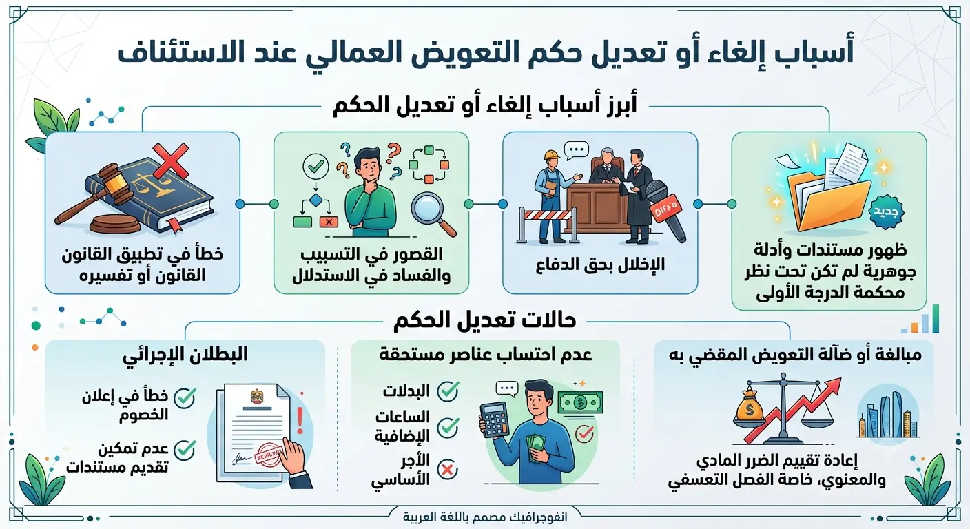 أسباب إلغاء أو تعديل حكم التعويض العمالي عند الاستئناف