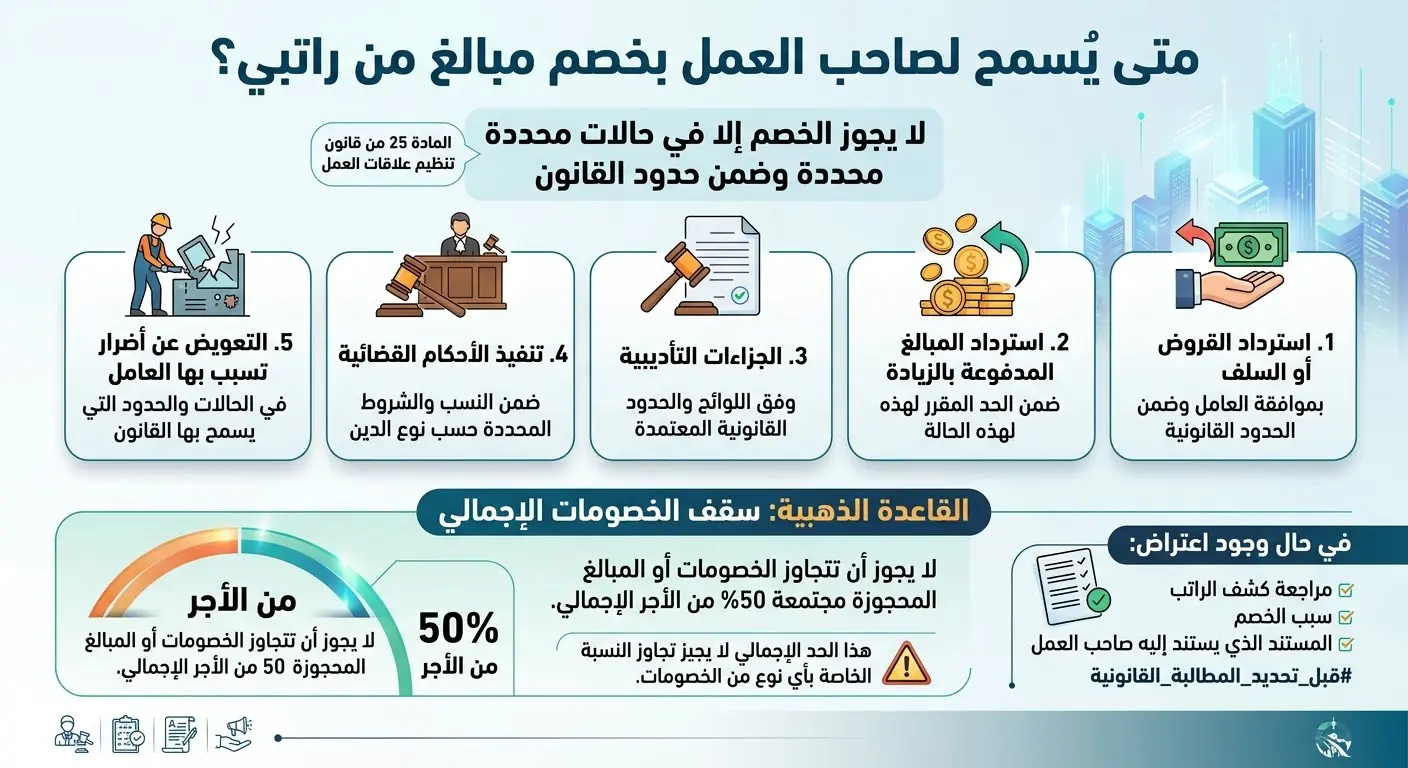 متى يسمح لصاحب العمل بخصم مبالغ من راتبي