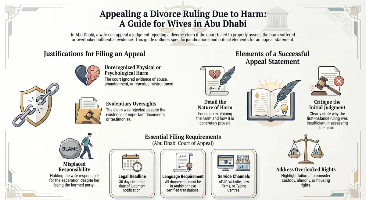 When can a divorce ruling due to harm be appealed in Abu Dhabi
